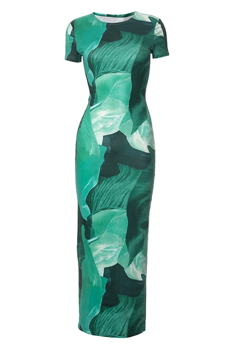 Abstract Print Short Sleeve Bodycon Maxi Dress