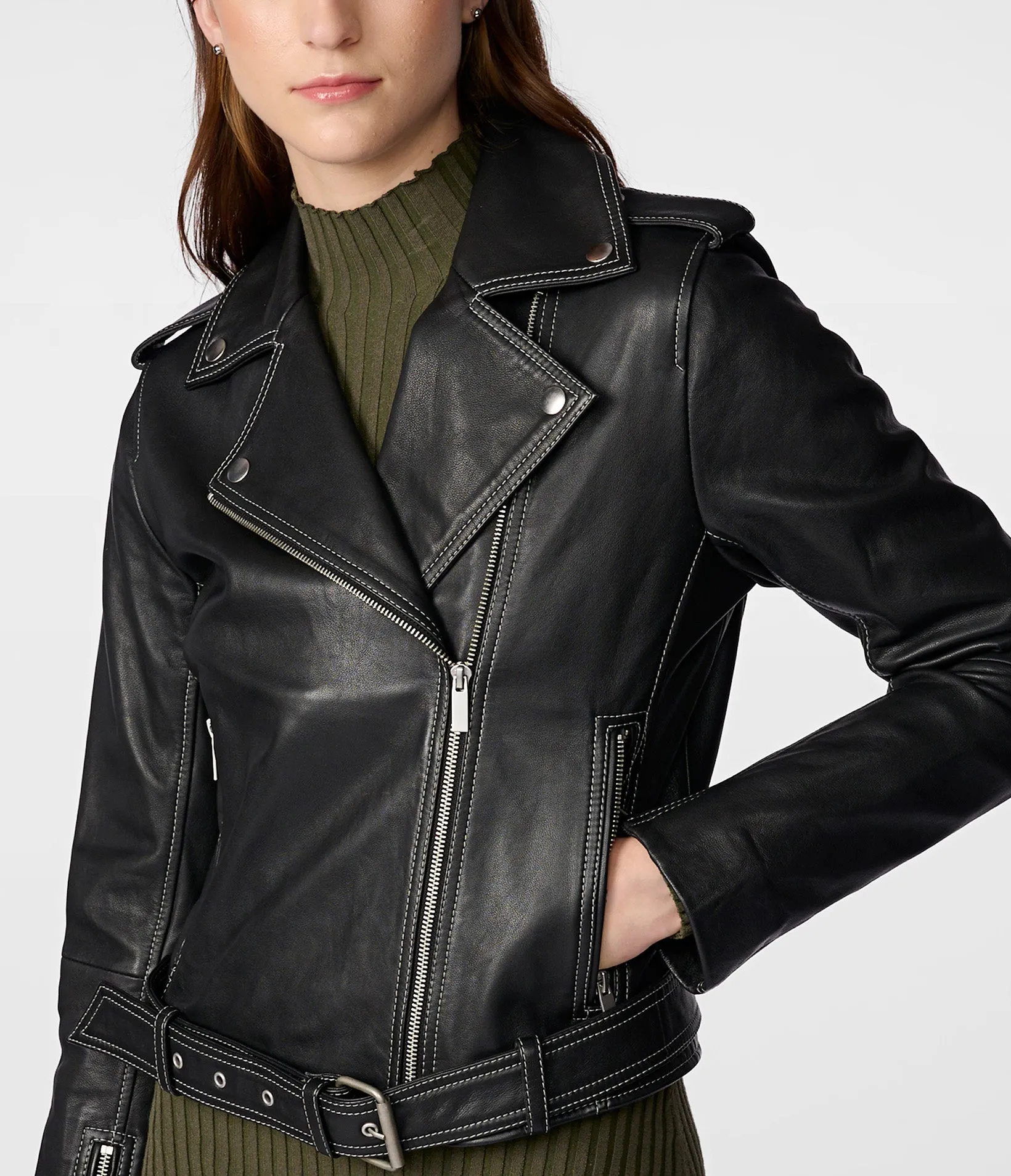 Anna Leather Moto With Stitching