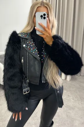 Arika Black Faux Leather PU Embellished Faux Fur Biker Jacket