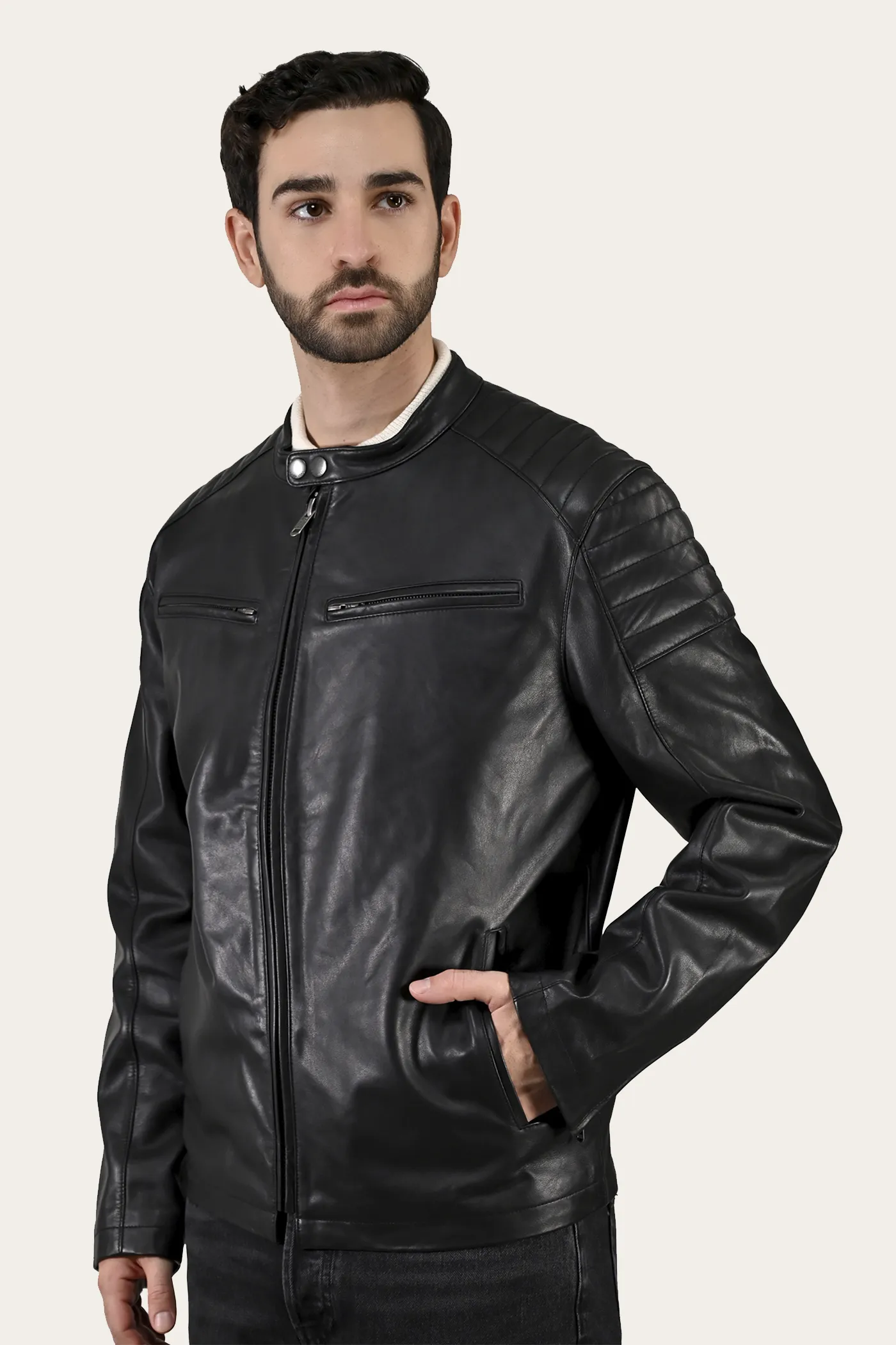 Authentic Nappa Lamb Cafe Racer Leather Jacket