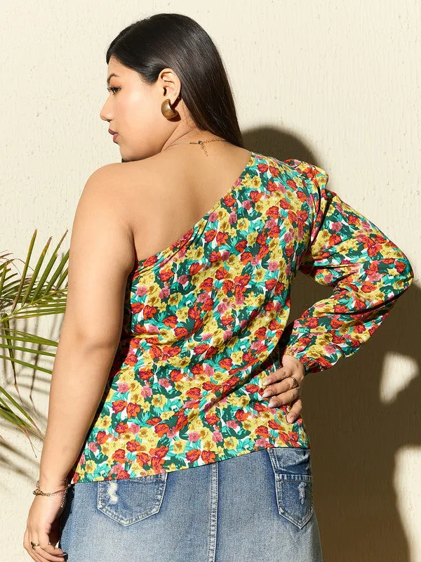 Berrylush Curve Women Red, Yellow, & Green Floral Printed One-Shoulder Neck Puff Sleeve Polyester Regular Top