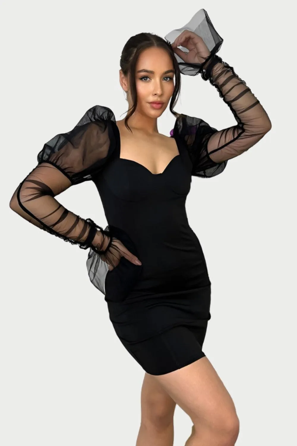 Black Chiffon Sleeves Bodycon Milkmaid Dress