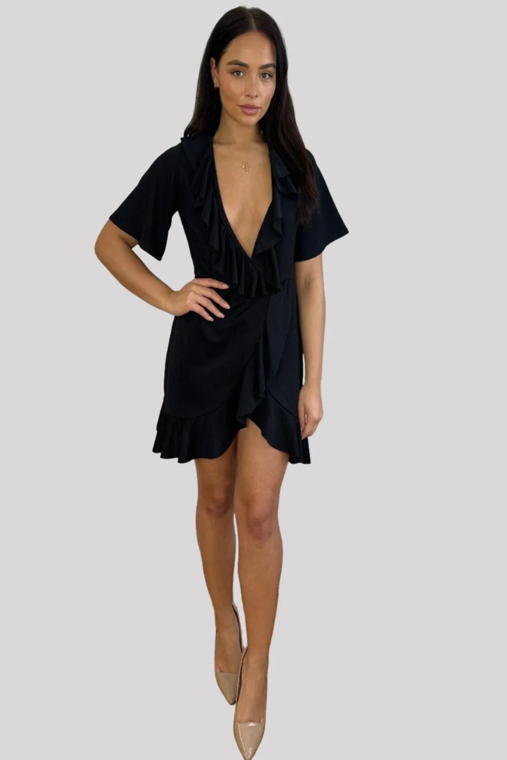 Black Frilled Satin Wrap Dress