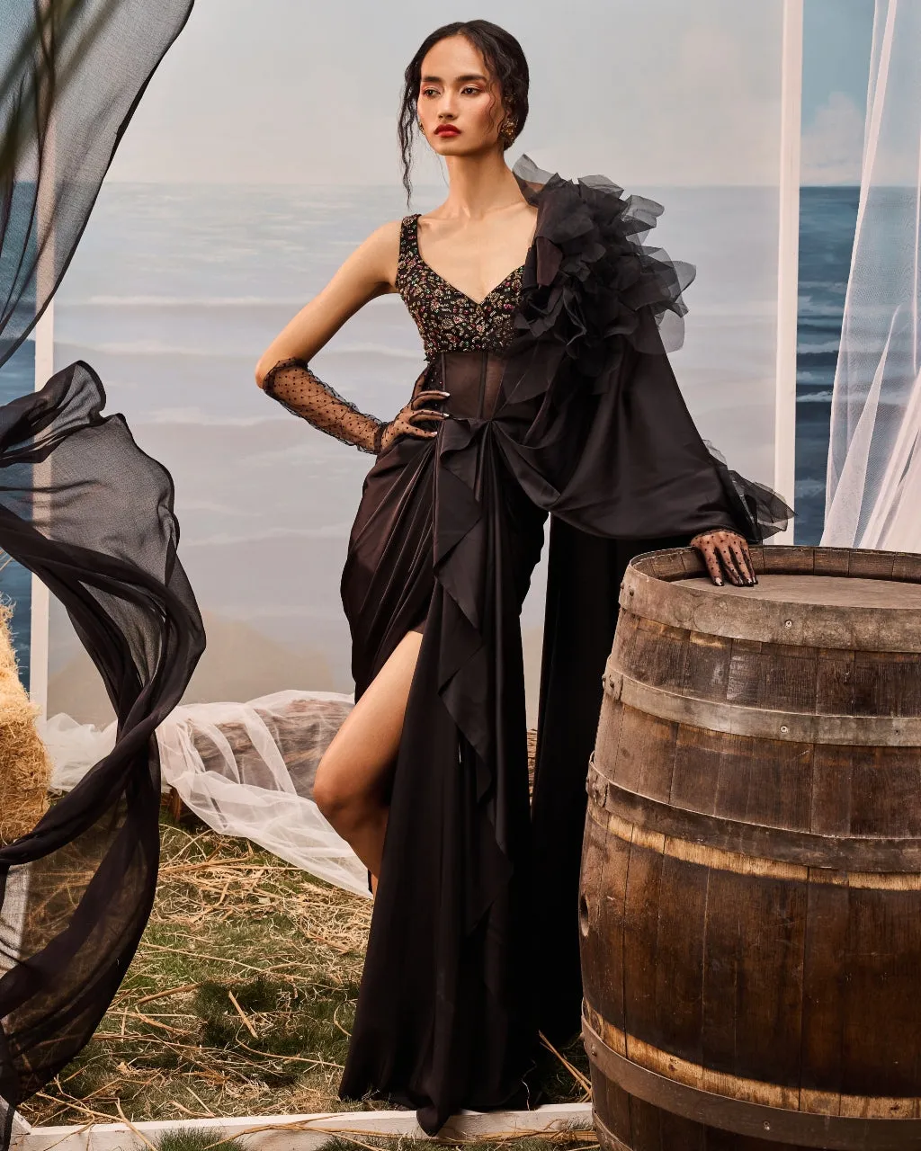 Black Satin Drape Sari Set