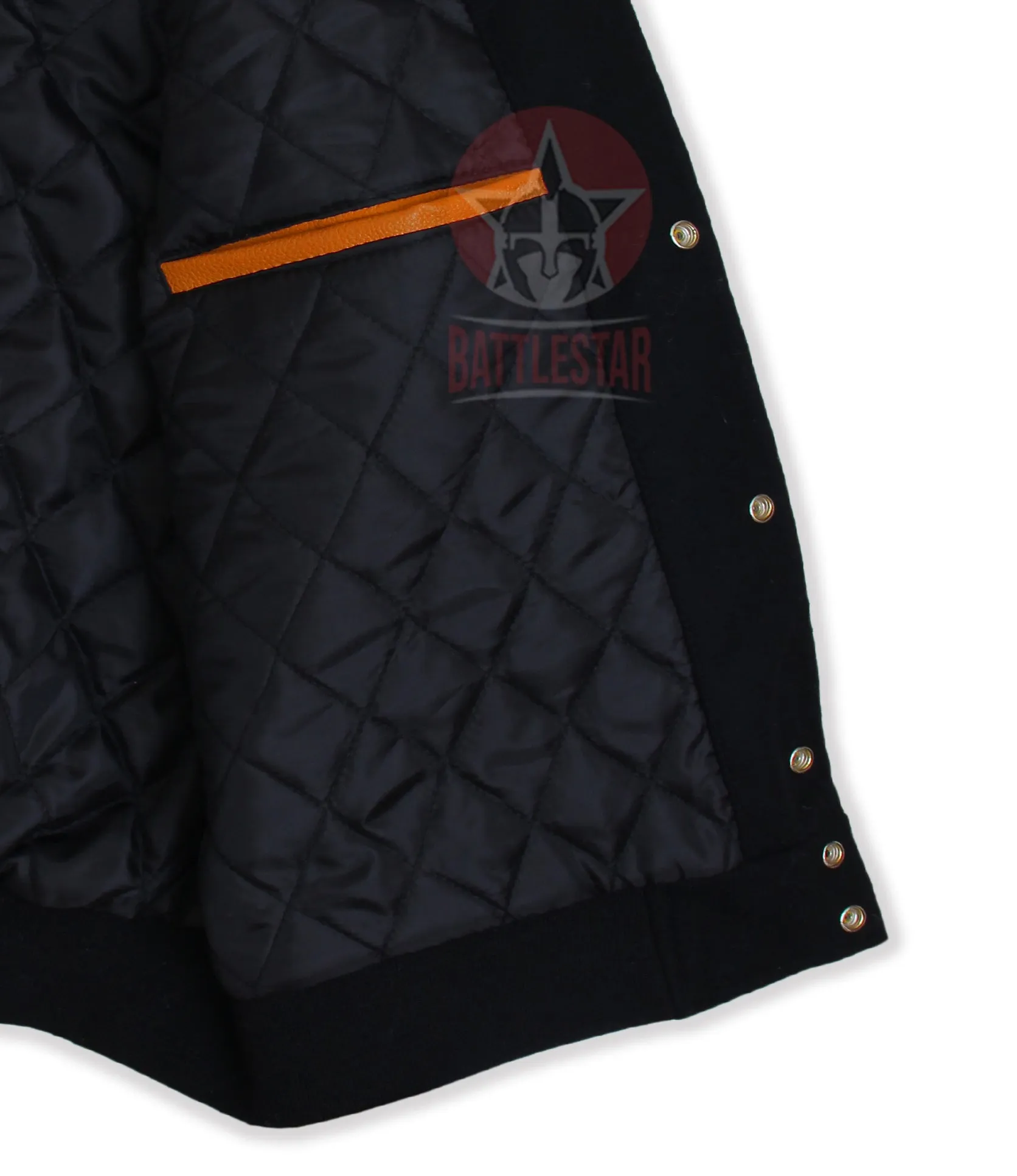 Black Wool Orange Leather Sleeves Hooded Varsity Jacket