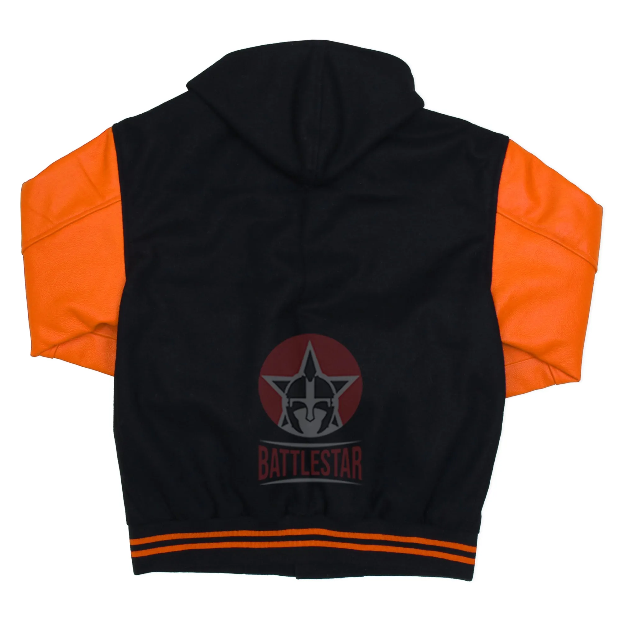 Black Wool Orange Leather Sleeves Hooded Varsity Jacket