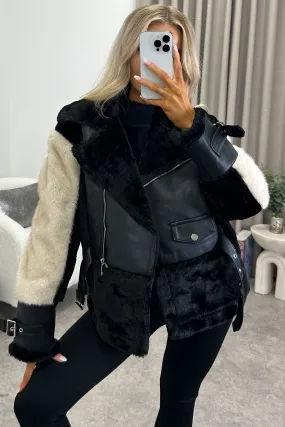 Cardy Black Faux Leather PU Faux Fur Trim Aviator Jacket