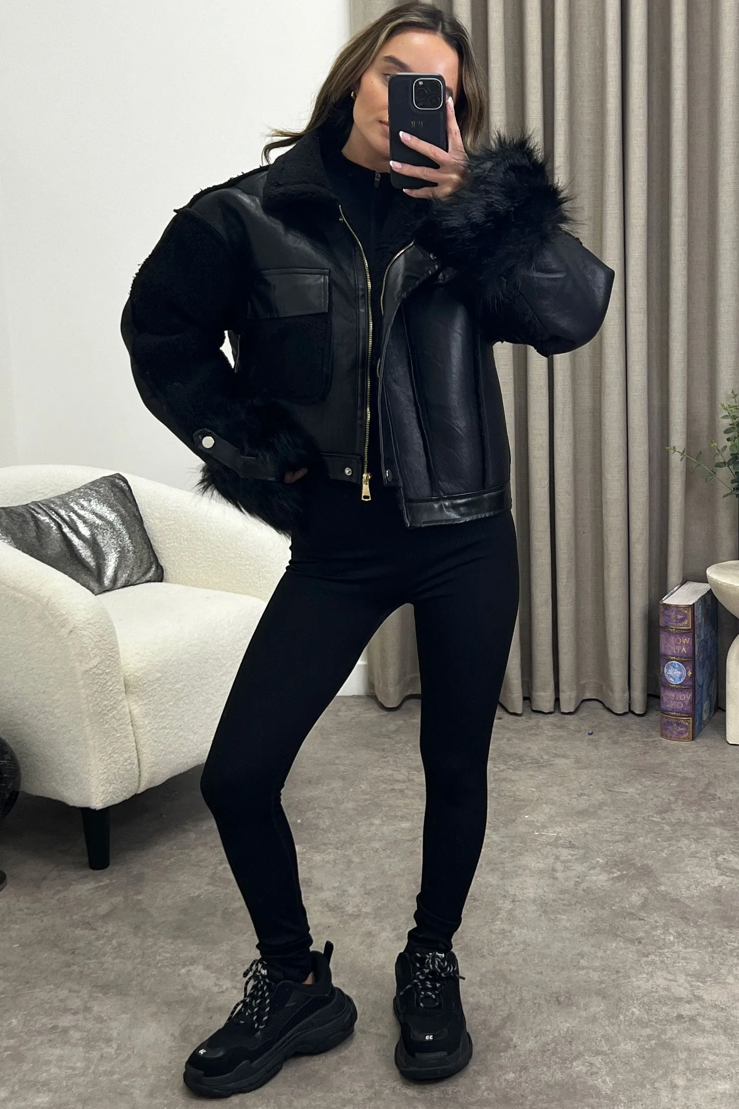 Carissa Black Faux Leather PU Contrast Shearling Aviator Jacket