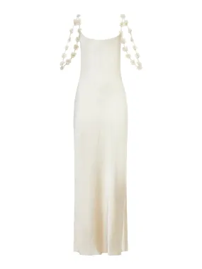 CHAMPAGNE SATIN FLOWER MAXI DRESS