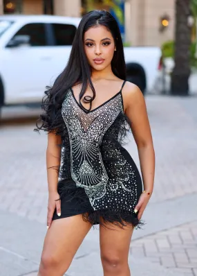 Cira Rhinestone Feather V- Neck Bodycon Mini Dress