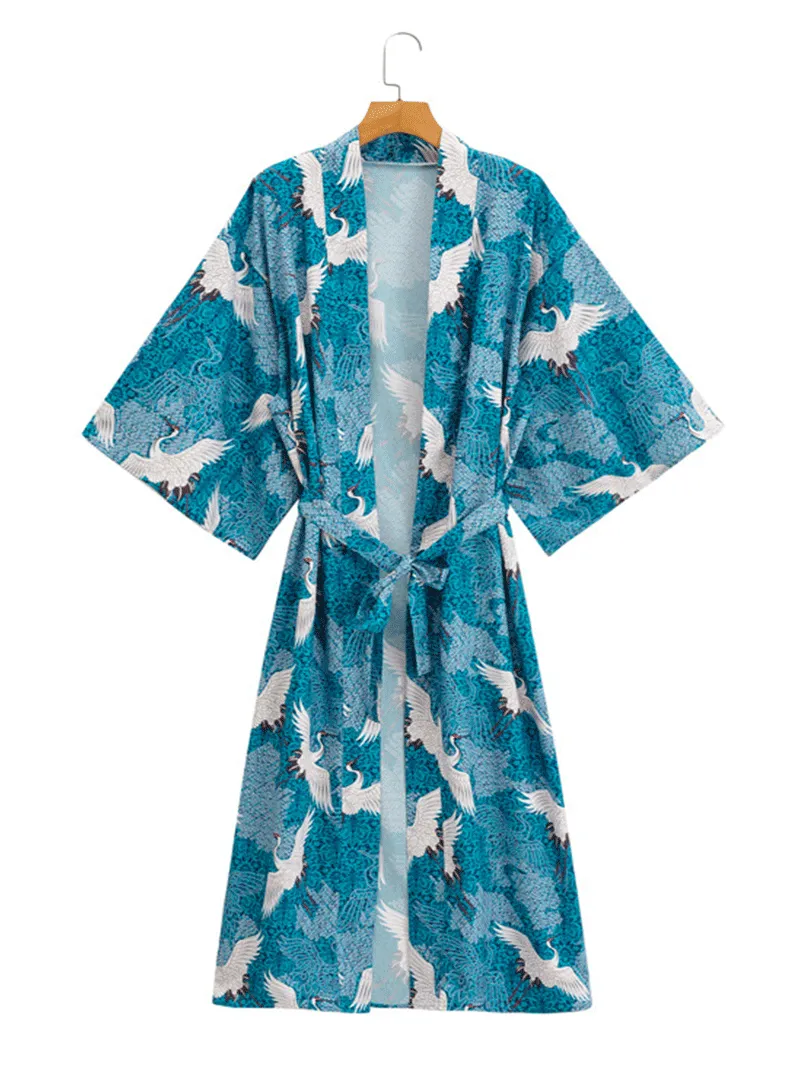 Crane Print With Birds Different Color Polyester Long Length Gown Kimono Duster Robe