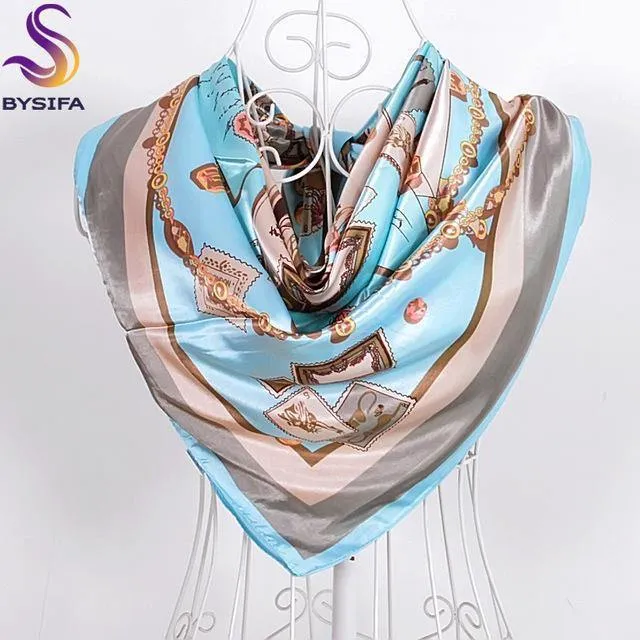 Elegent Women Large Square Silk Scarf Printed,90*90cm Fashion Spring And Autumn Grey And Purple Polyester Silk Scarf Shawl