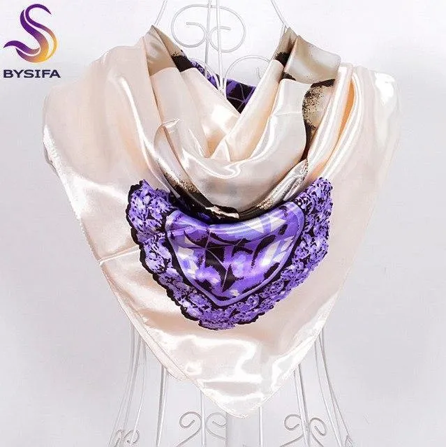 Elegent Women Large Square Silk Scarf Printed,90*90cm Fashion Spring And Autumn Grey And Purple Polyester Silk Scarf Shawl