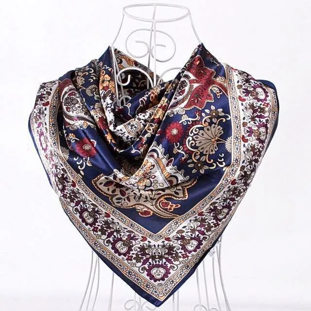 Elegent Women Large Square Silk Scarf Printed,90*90cm Fashion Spring And Autumn Grey And Purple Polyester Silk Scarf Shawl