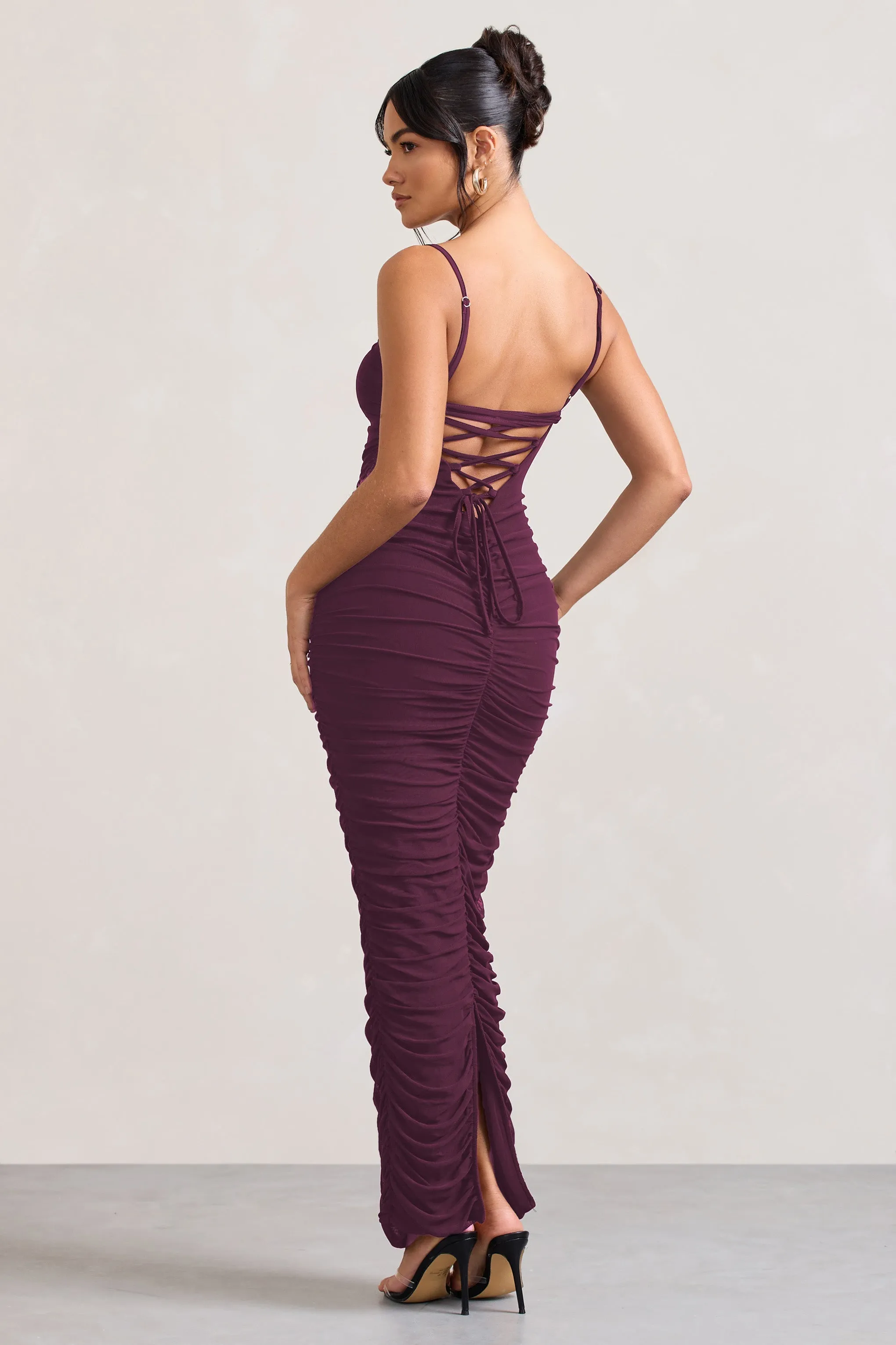 Ellis | Plum Ruched Mesh Strappy Bodycon Maxi Dress