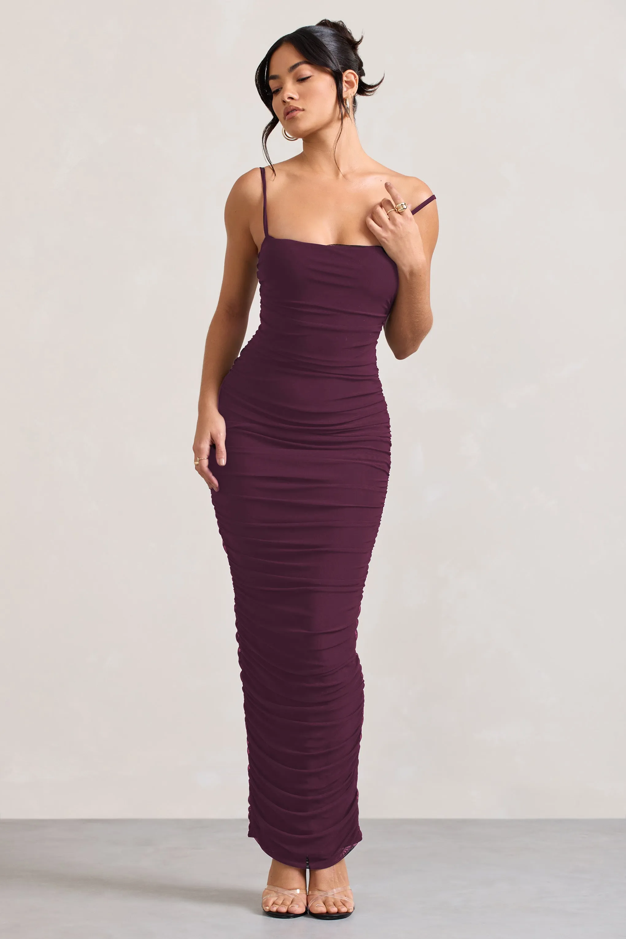 Ellis | Plum Ruched Mesh Strappy Bodycon Maxi Dress