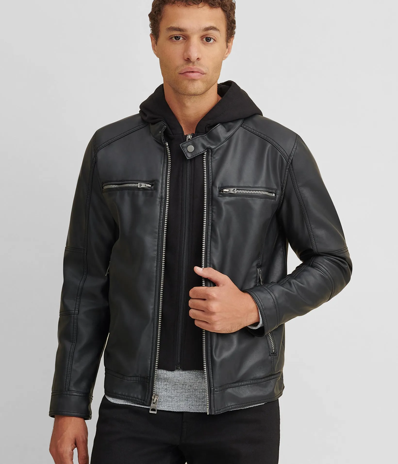 Faux Leather Jacket With Removable Hood