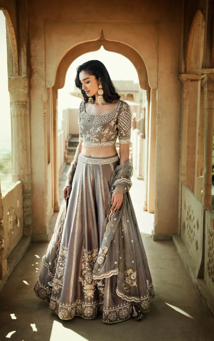 Gray Silk Lehenga Set