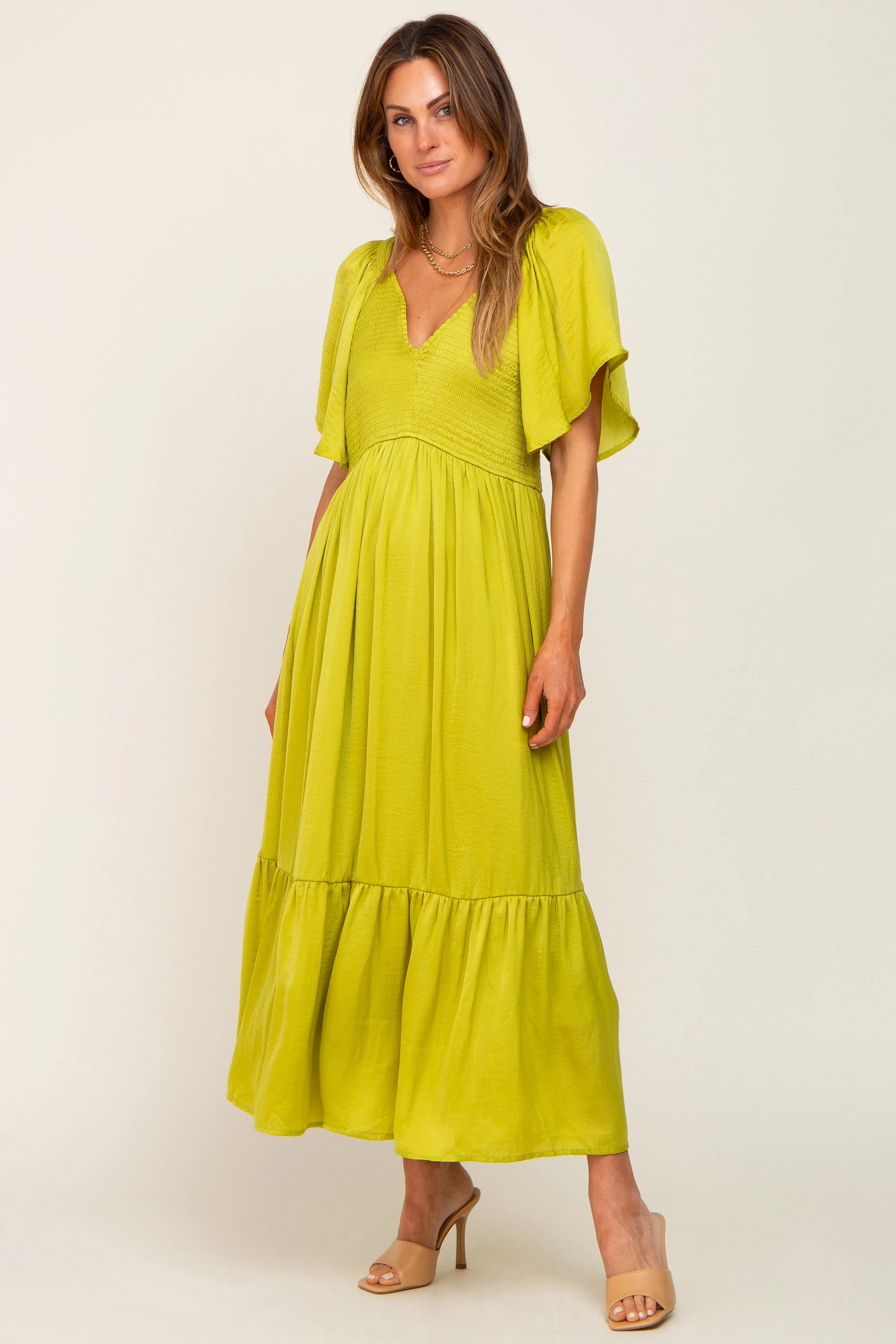 Green Satin Smocked Midi Dress