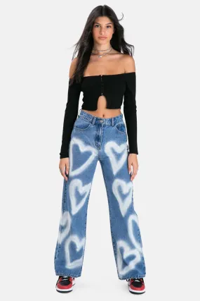 High Waisted Heart Print Blue Baggy Jean