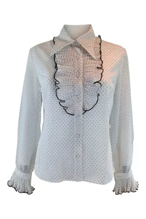 JANET COLTON Vintage White Polyester Polka Dot Ruffled Collar Shirt (40)