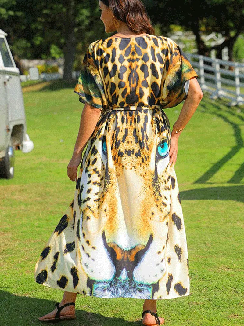 Leopard Print Yellow Leopard Color Polyester Long Length Gown Kimono Duster Robe