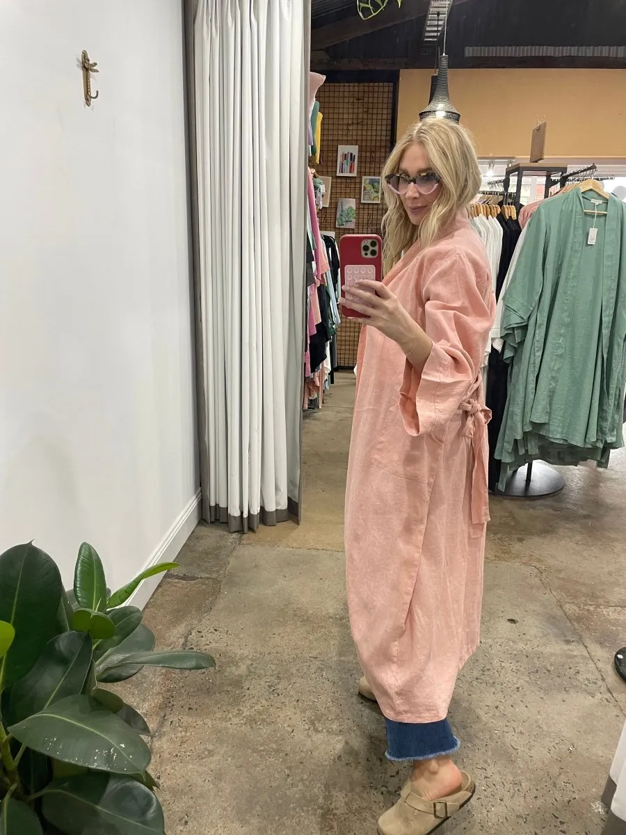 Linen Bathrobe - Pink (Long)