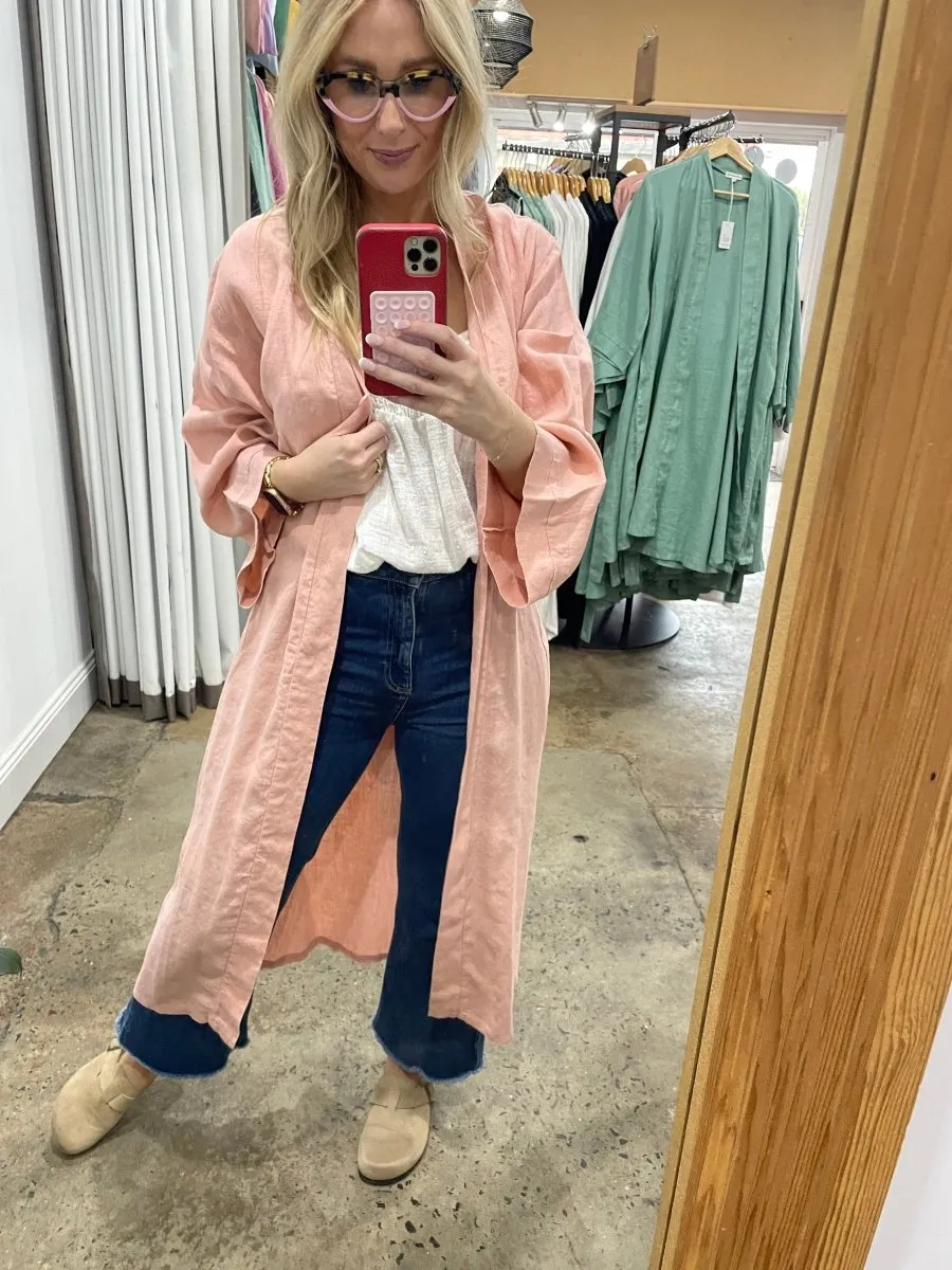 Linen Bathrobe - Pink (Long)