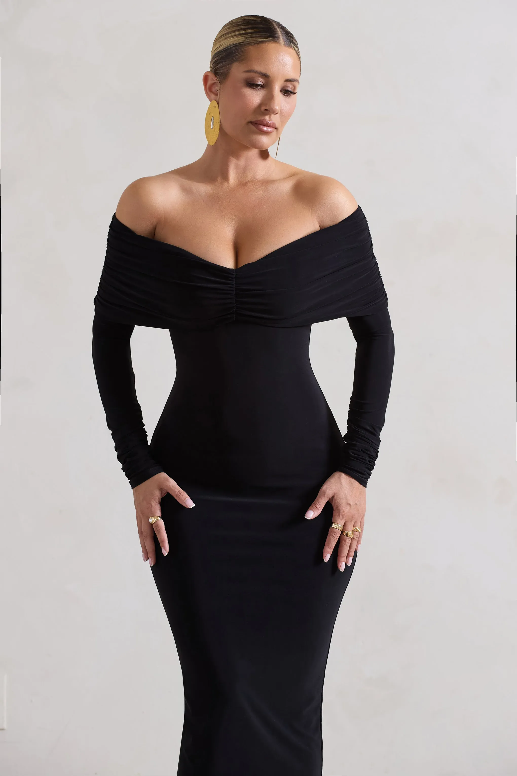 Marcella | Black Bodycon Bardot Midi Dress