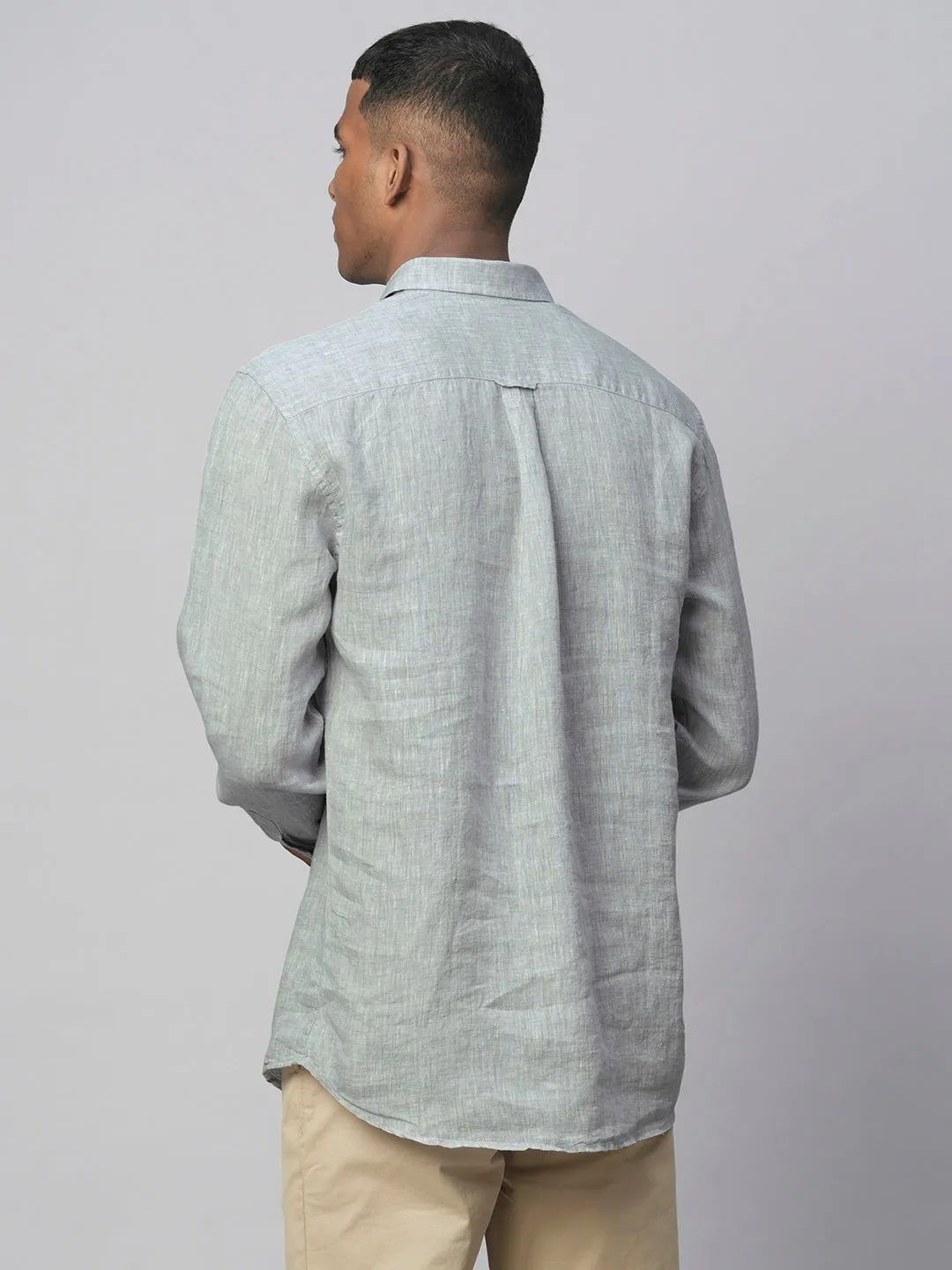 Men's Grey 100% Linen Linen Regular Fit Long Sleeved Shirt