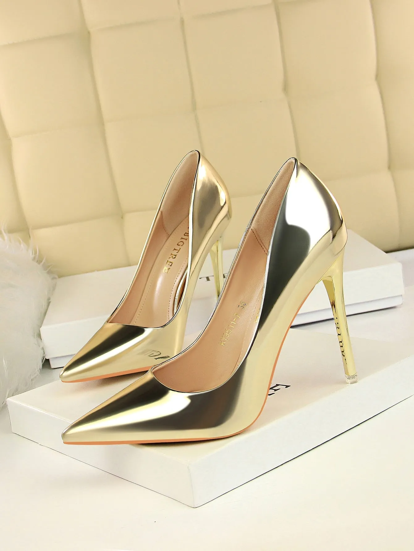 MetallicPatent Leather PointToeStilettoHeeledPumps