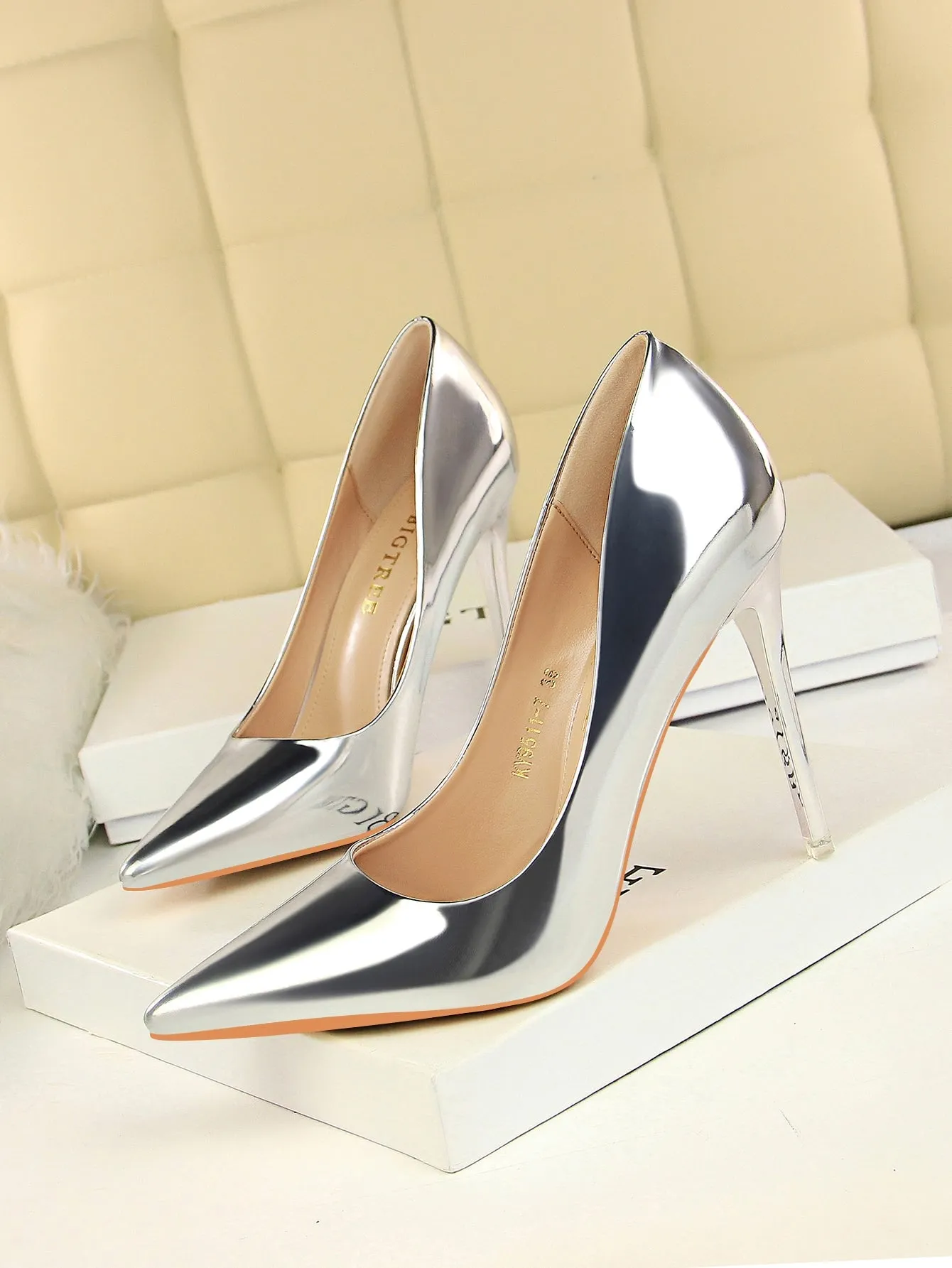 MetallicPatent Leather PointToeStilettoHeeledPumps