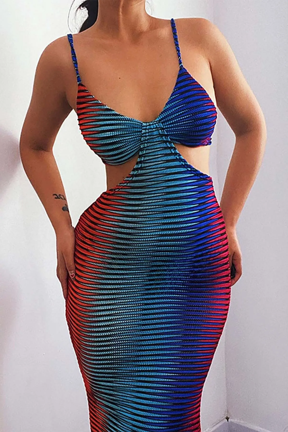 Multicolored Striped Cut Out Bodycon Maxi Dress