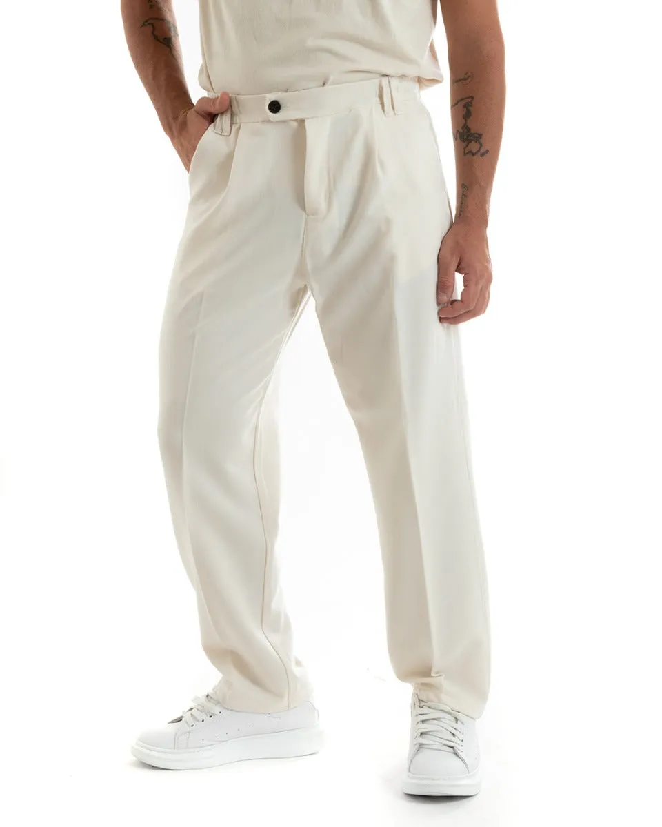 Pantaloni Uomo Baggy Lungo Fondo Largo Elastico Sul Retro Abbottonatura Allungata Panna Casual Elegante GIOSAL-P5915A