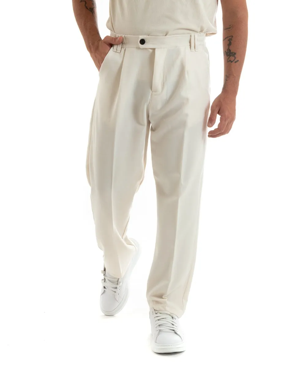 Pantaloni Uomo Baggy Lungo Fondo Largo Elastico Sul Retro Abbottonatura Allungata Panna Casual Elegante GIOSAL-P5915A