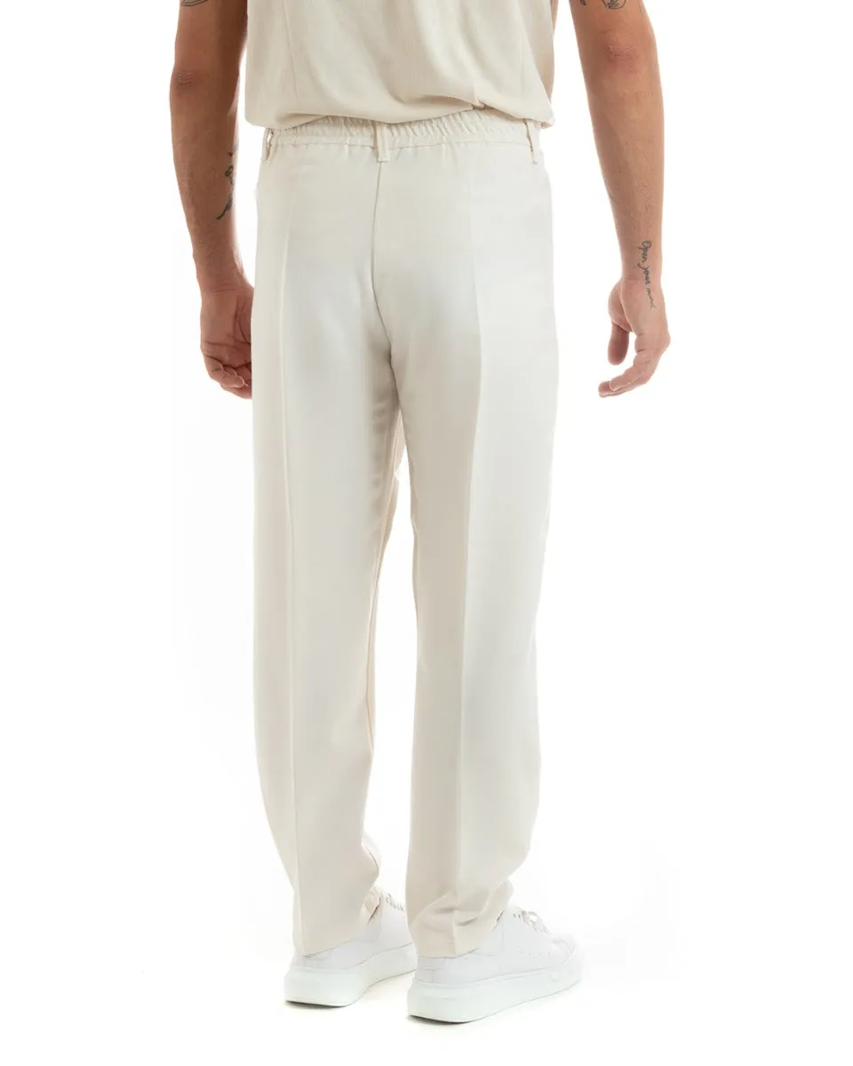 Pantaloni Uomo Baggy Lungo Fondo Largo Elastico Sul Retro Abbottonatura Allungata Panna Casual Elegante GIOSAL-P5915A