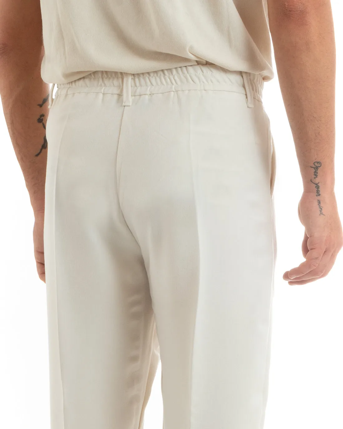 Pantaloni Uomo Baggy Lungo Fondo Largo Elastico Sul Retro Abbottonatura Allungata Panna Casual Elegante GIOSAL-P5915A