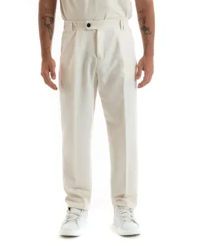 Pantaloni Uomo Baggy Lungo Fondo Largo Elastico Sul Retro Abbottonatura Allungata Panna Casual Elegante GIOSAL-P5915A