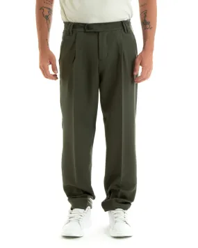 Pantaloni Uomo Baggy Lungo Fondo Largo Elastico Sul Retro Abbottonatura Allungata Verde Casual Elegante GIOSAL-P5918A