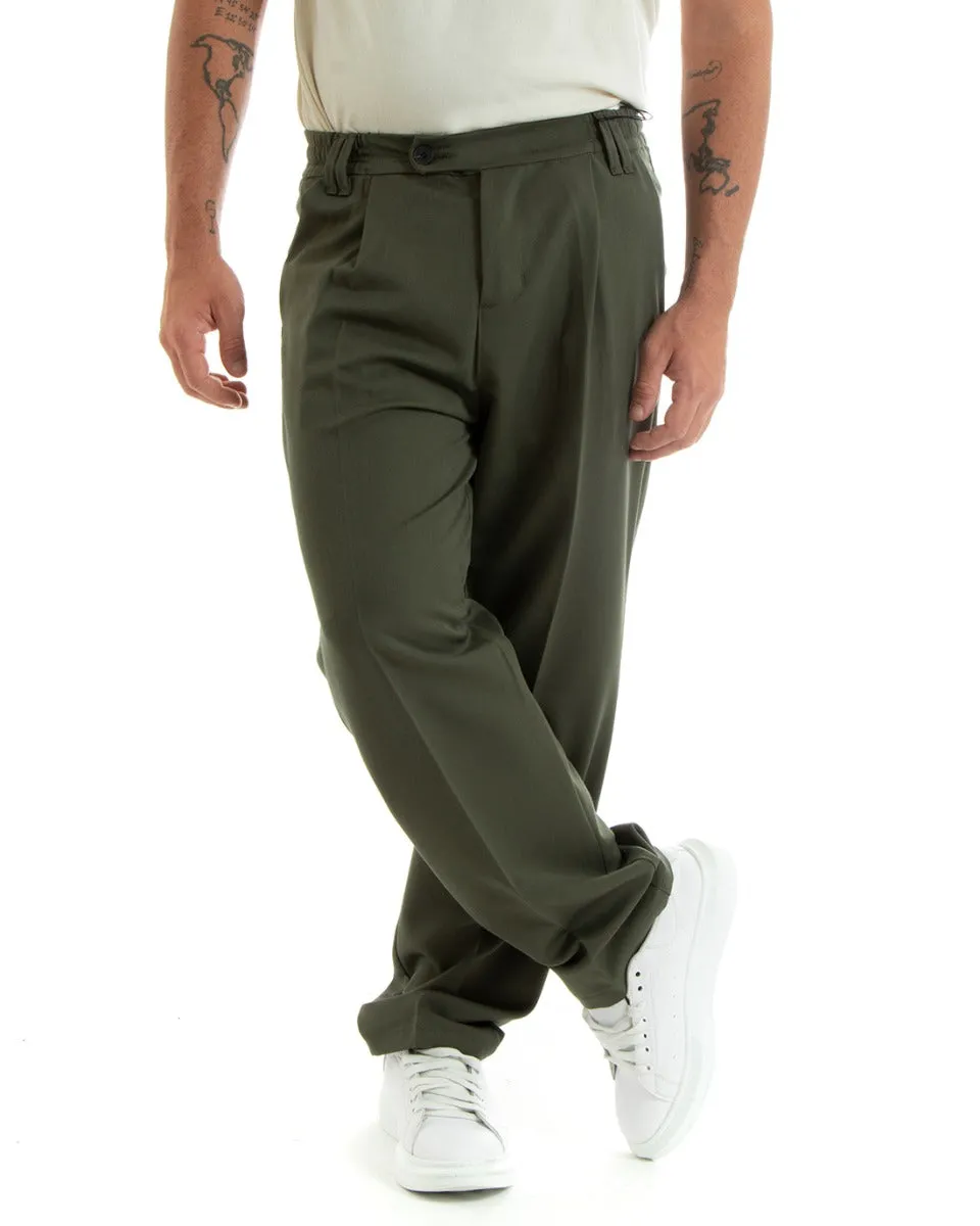 Pantaloni Uomo Baggy Lungo Fondo Largo Elastico Sul Retro Abbottonatura Allungata Verde Casual Elegante GIOSAL-P5918A