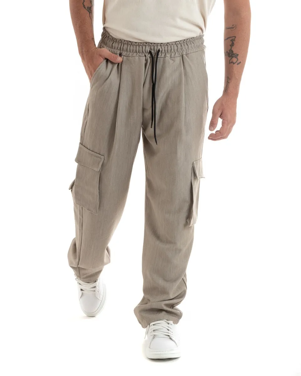 Pantaloni Uomo Baggy Lungo Pantalaccio Fondo Largo Cargo Tasconi Beige Melangiato GIOSAL-P5919A