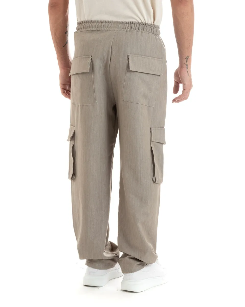 Pantaloni Uomo Baggy Lungo Pantalaccio Fondo Largo Cargo Tasconi Beige Melangiato GIOSAL-P5919A