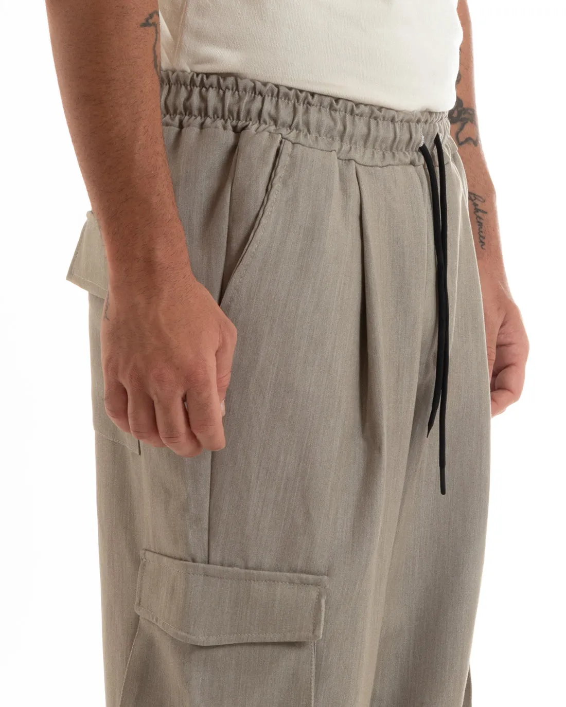 Pantaloni Uomo Baggy Lungo Pantalaccio Fondo Largo Cargo Tasconi Beige Melangiato GIOSAL-P5919A