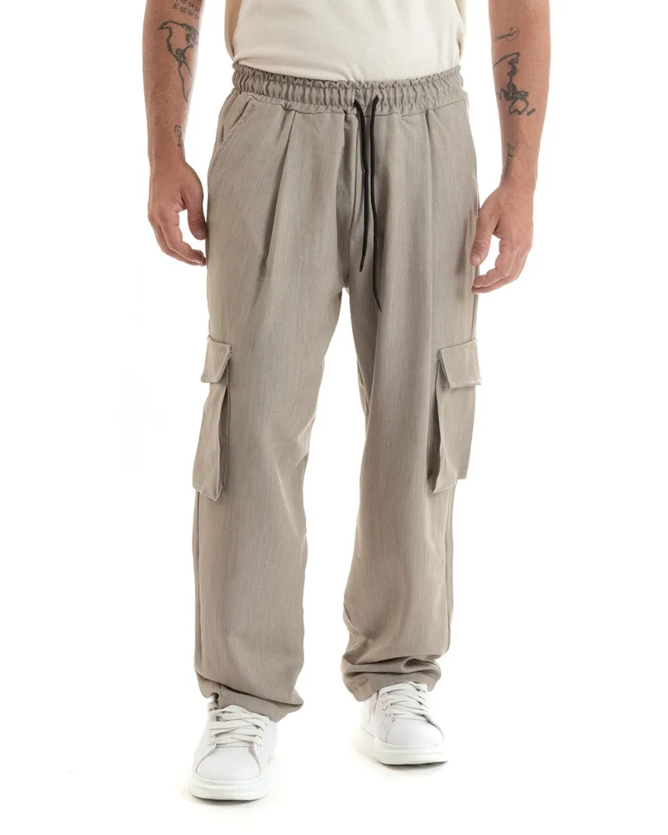 Pantaloni Uomo Baggy Lungo Pantalaccio Fondo Largo Cargo Tasconi Beige Melangiato GIOSAL-P5919A