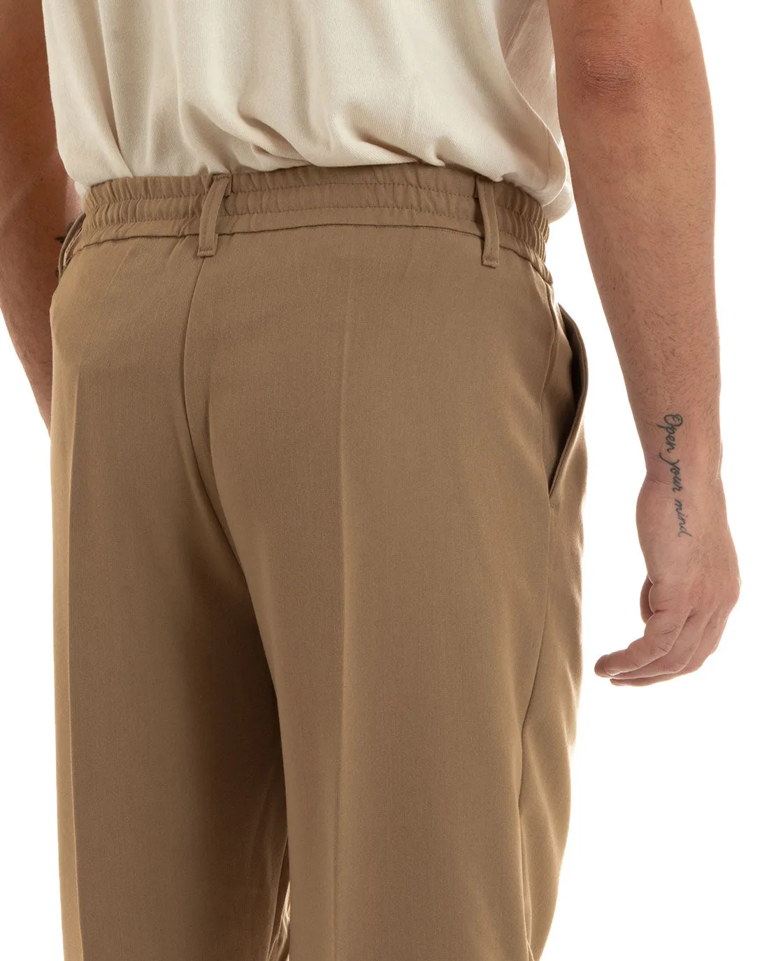 Pantaloni Uomo Baggy Lungo Wide Leg Elastico Sul Retro Abbottonatura Allungata Camel Casual Elegante GIOSAL-P5913A