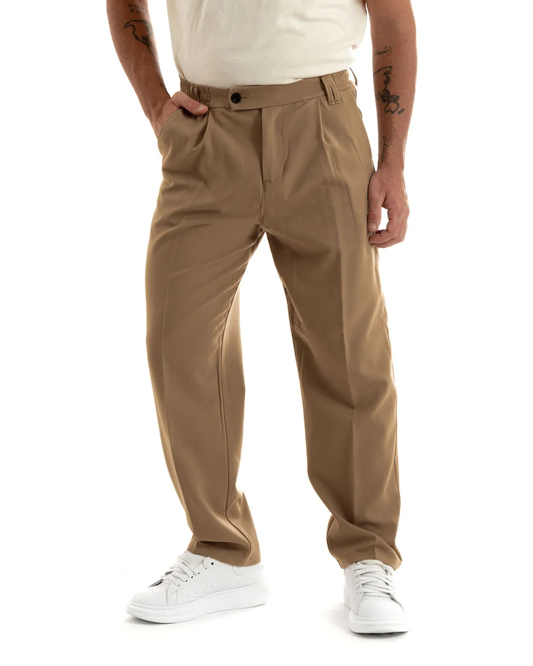 Pantaloni Uomo Baggy Lungo Wide Leg Elastico Sul Retro Abbottonatura Allungata Camel Casual Elegante GIOSAL-P5913A