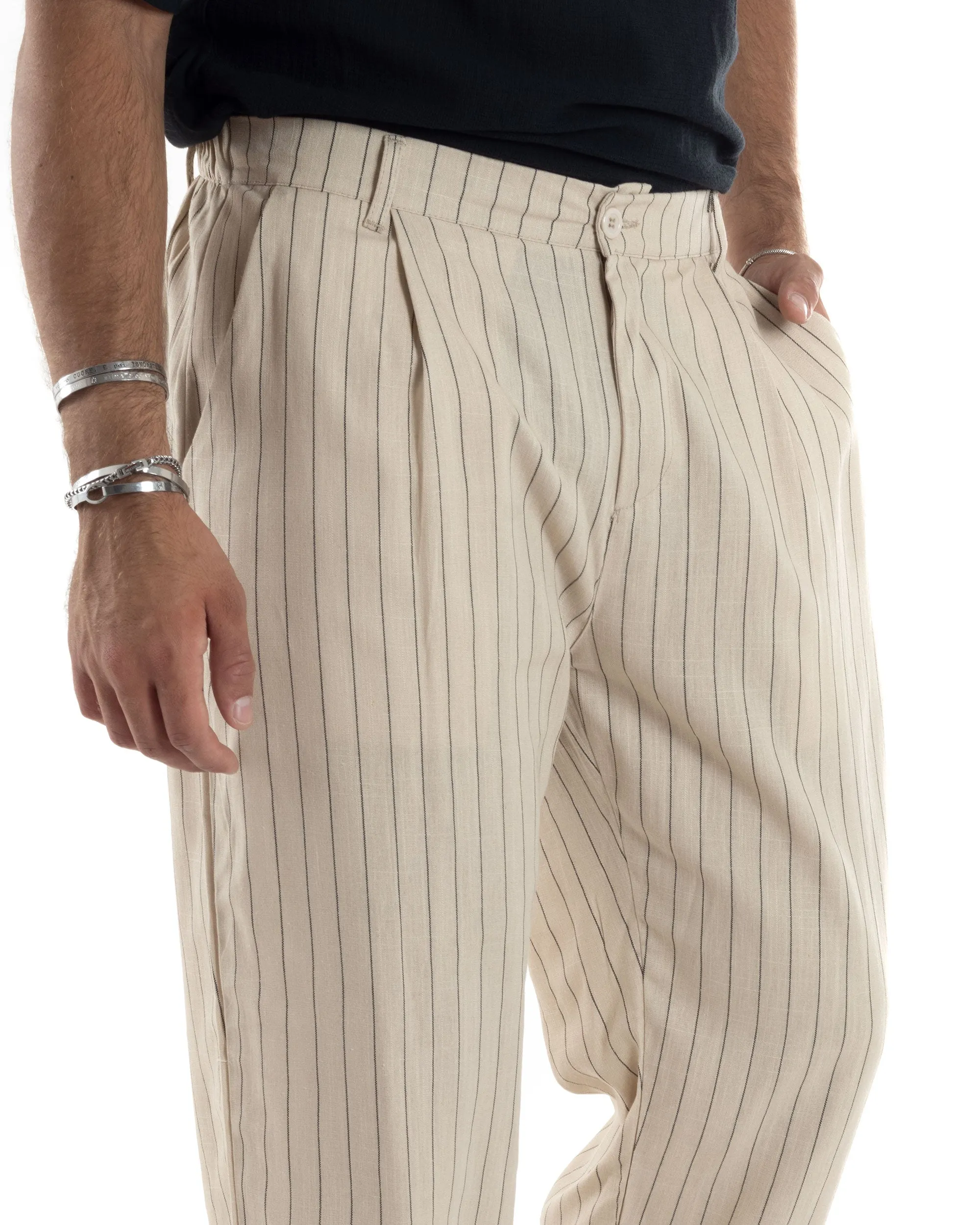 Pantaloni Uomo Lino Fondo Largo Casual Tasca America Pinces Baggy Rigato Gessato Beige GIOSAL-P6105A