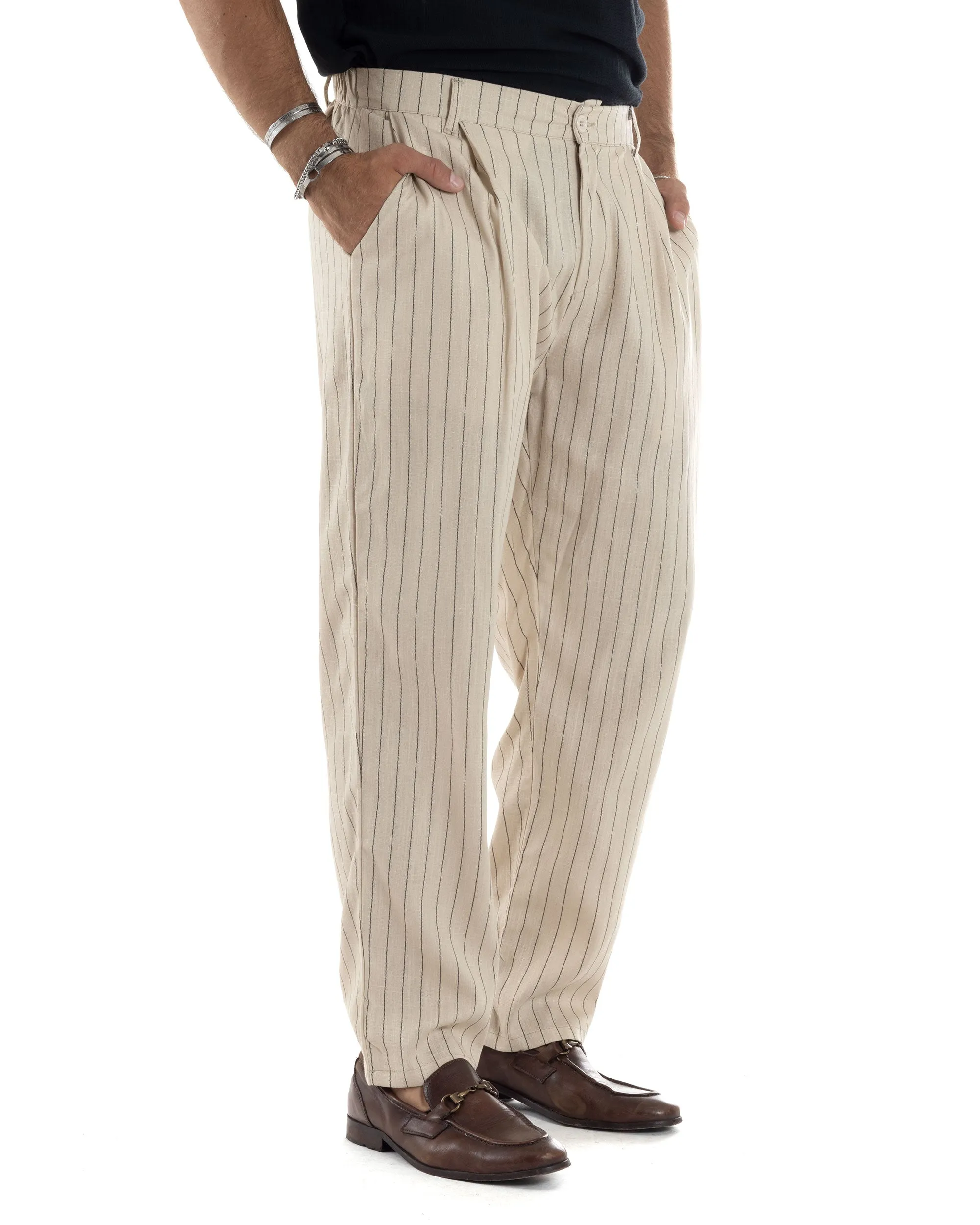 Pantaloni Uomo Lino Fondo Largo Casual Tasca America Pinces Baggy Rigato Gessato Beige GIOSAL-P6105A