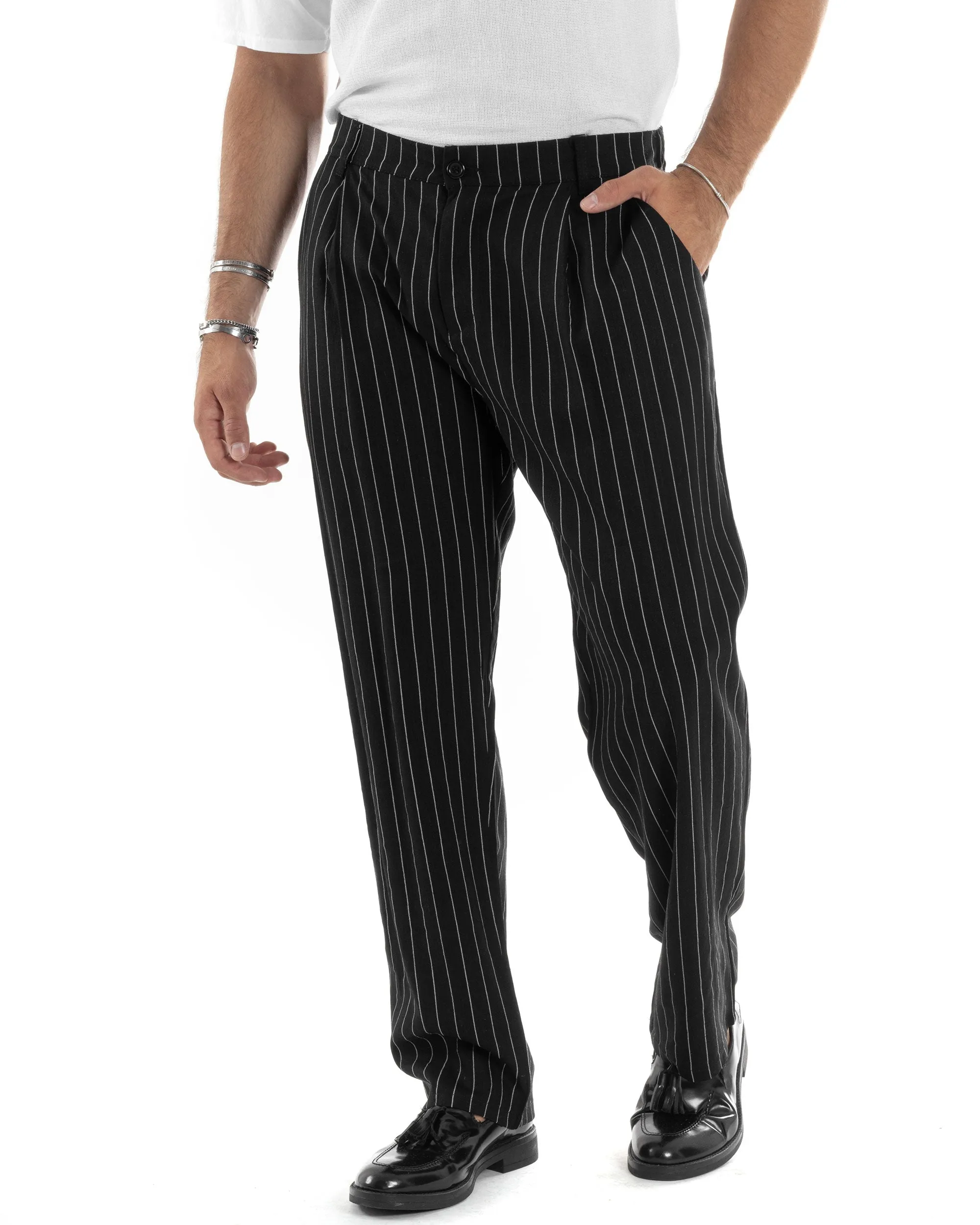 Pantaloni Uomo Lino Fondo Largo Casual Tasca America Pinces Baggy Rigato Gessato Nero GIOSAL-P6106A