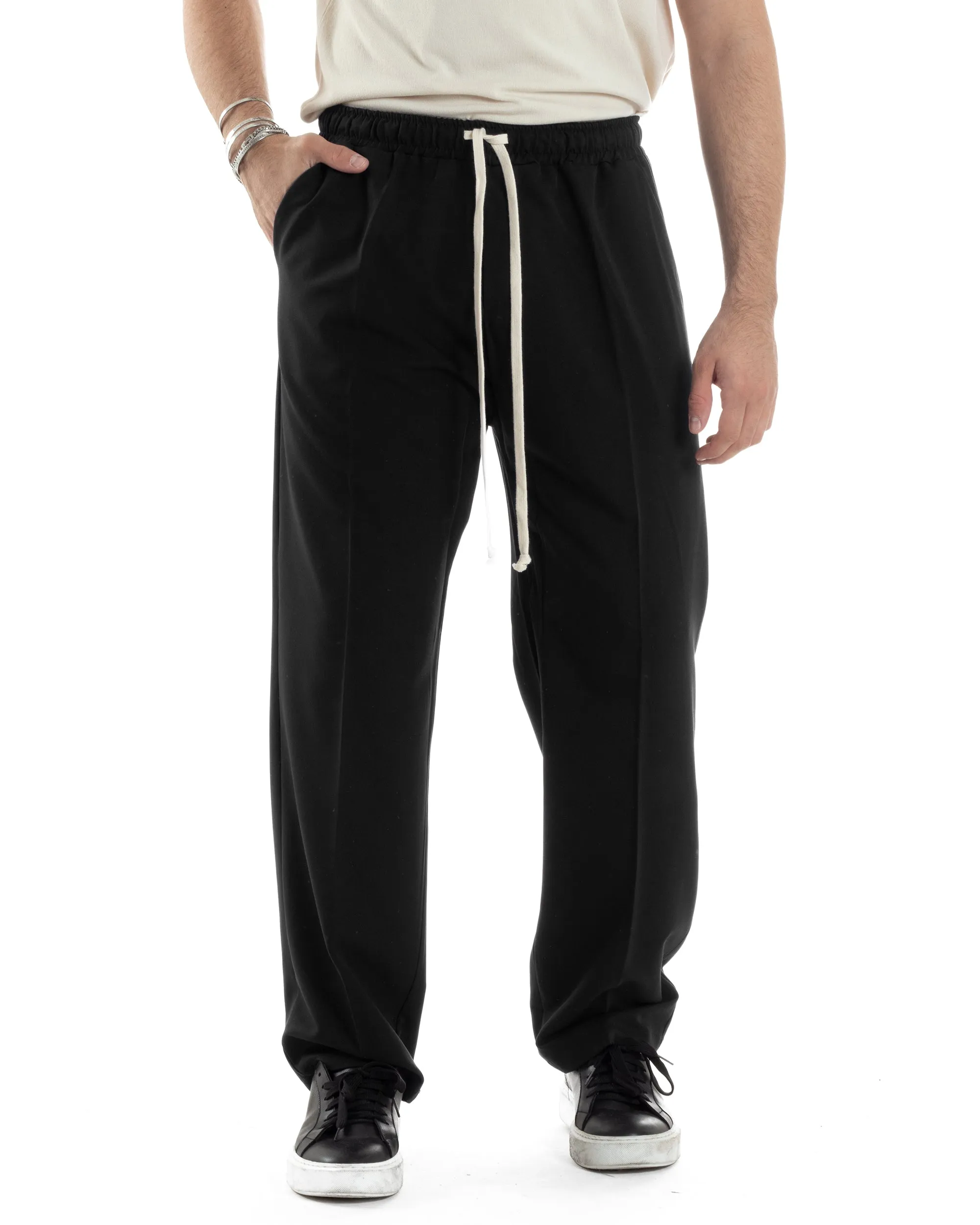 Pantaloni Uomo Pantalaccio Morbido Viscosa Baggy Nero Coulisse Fondo Largo GIOSAL-P6089A